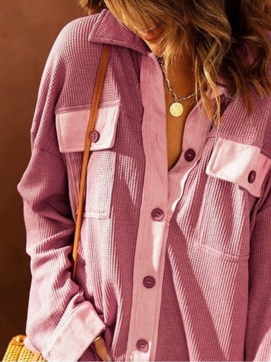Tops - Waffle Knit Button-Up Shacket in Dusty Rose